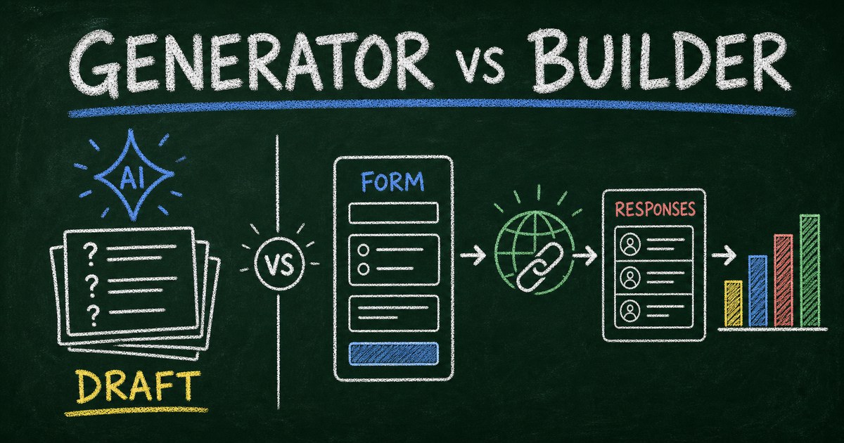 Chalkboard comparison of an AI question draft and a complete hosted form workflow with responses and follow-up