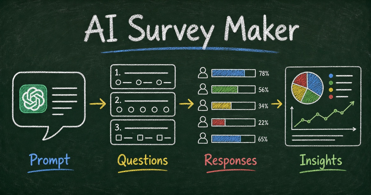 Chalkboard AI survey maker workflow showing a prompt becoming survey questions, response bars, and an insight chart