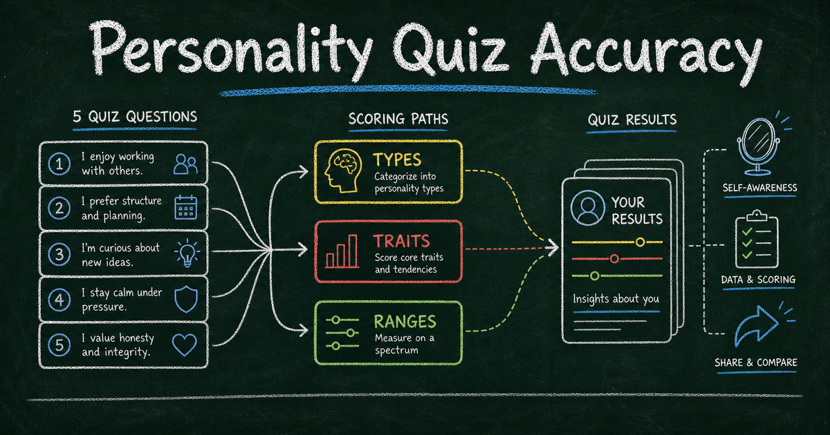 Chalkboard personality quiz diagram showing questions, scoring paths, result labels, trust signals, and shareable outcomes