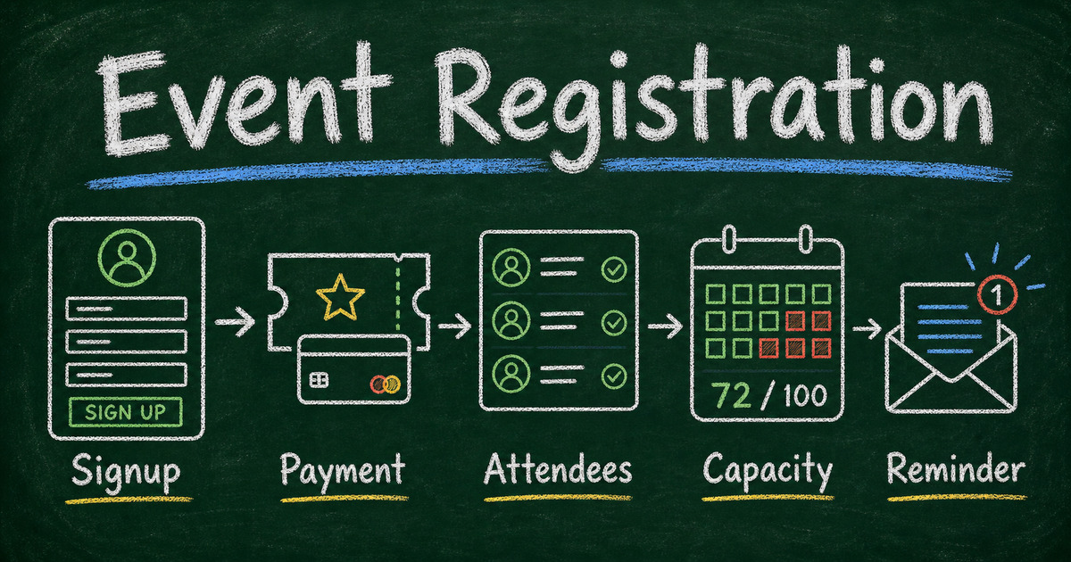 Chalkboard event registration software comparison with signup form, ticket payment, attendee list, calendar, and reminder email