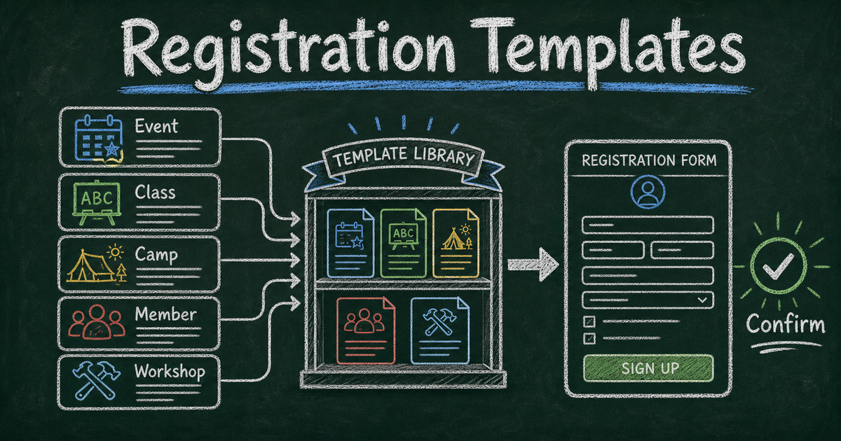 Chalkboard registration template library showing event, class, camp, membership, and workshop signup cards