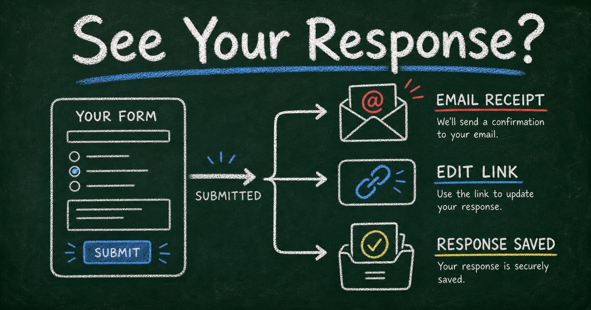 Chalkboard response receipt workflow showing submit, email copy, edit link, and saved Google Form response paths