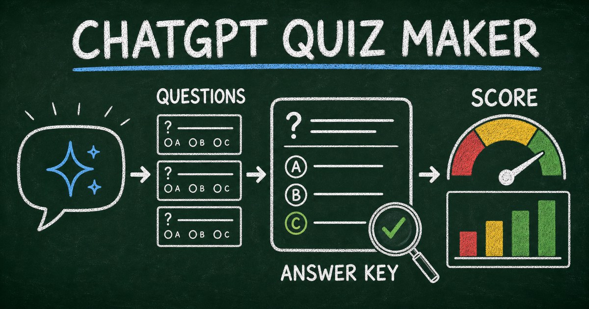 Chalkboard workflow showing ChatGPT generating quiz questions, checking answer keys, scoring responses, and displaying results