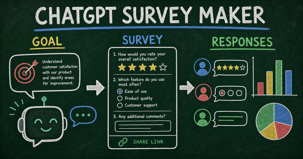 Chalkboard workflow showing ChatGPT turning a research goal into survey questions, a public link, and response charts