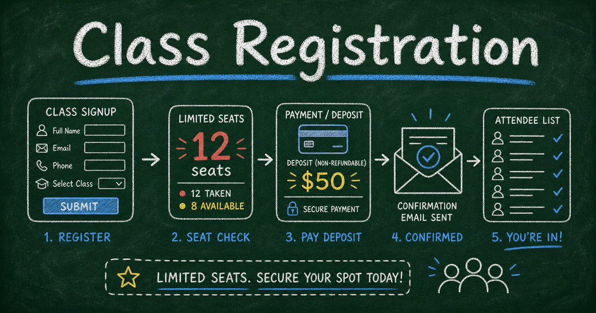 Chalkboard class registration workflow with limited seats, payment, confirmation email, and attendee list
