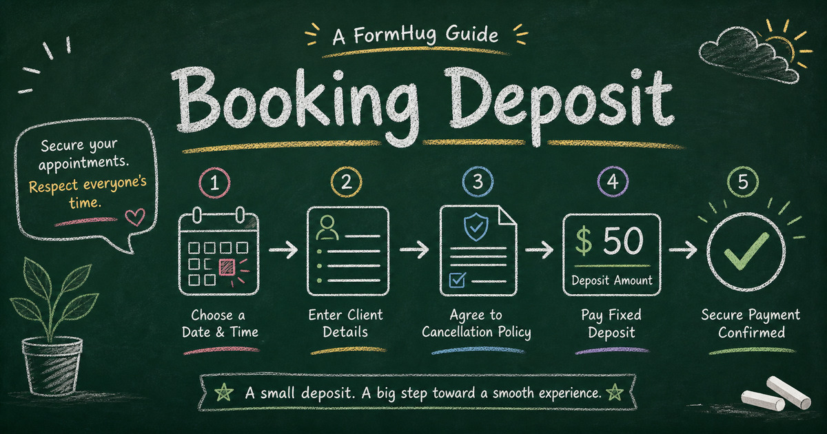 Chalkboard booking deposit workflow showing appointment details, policy acknowledgement, deposit amount, and Stripe payment
