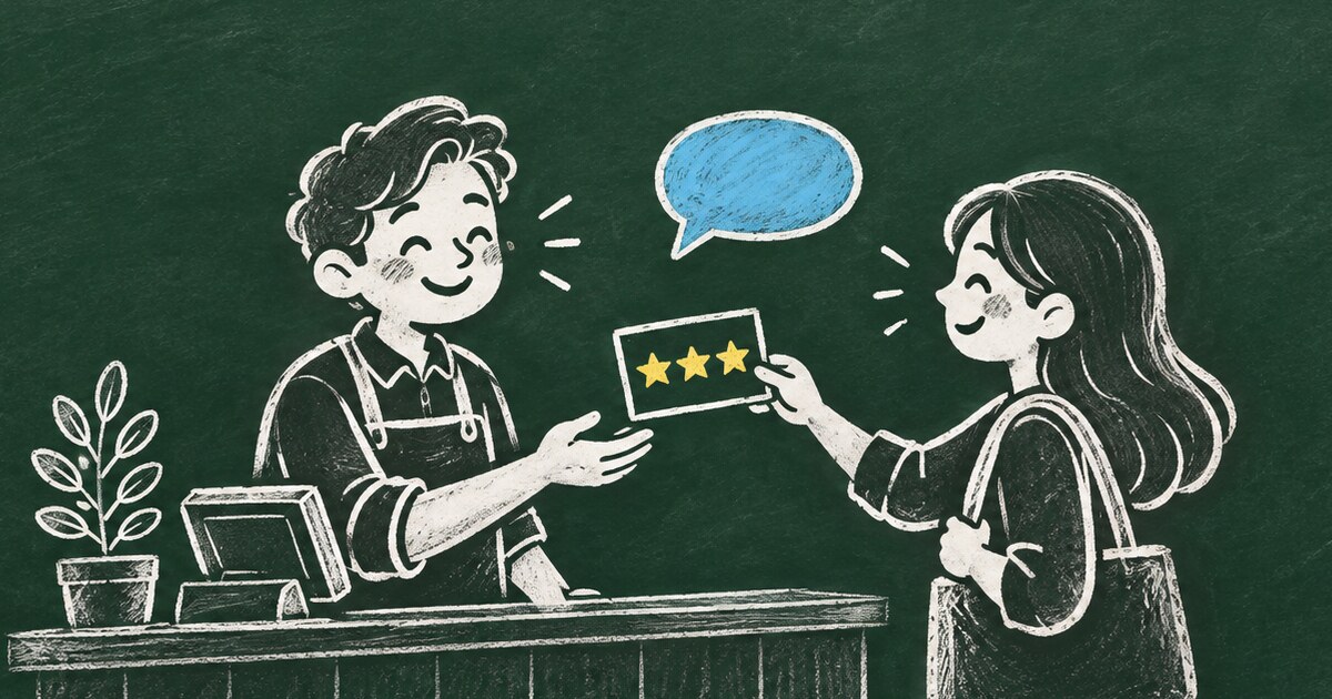 Chalk feedback cards, rating stars, and an improvement arrow — helping a small business turn customer survey answers into service improvements