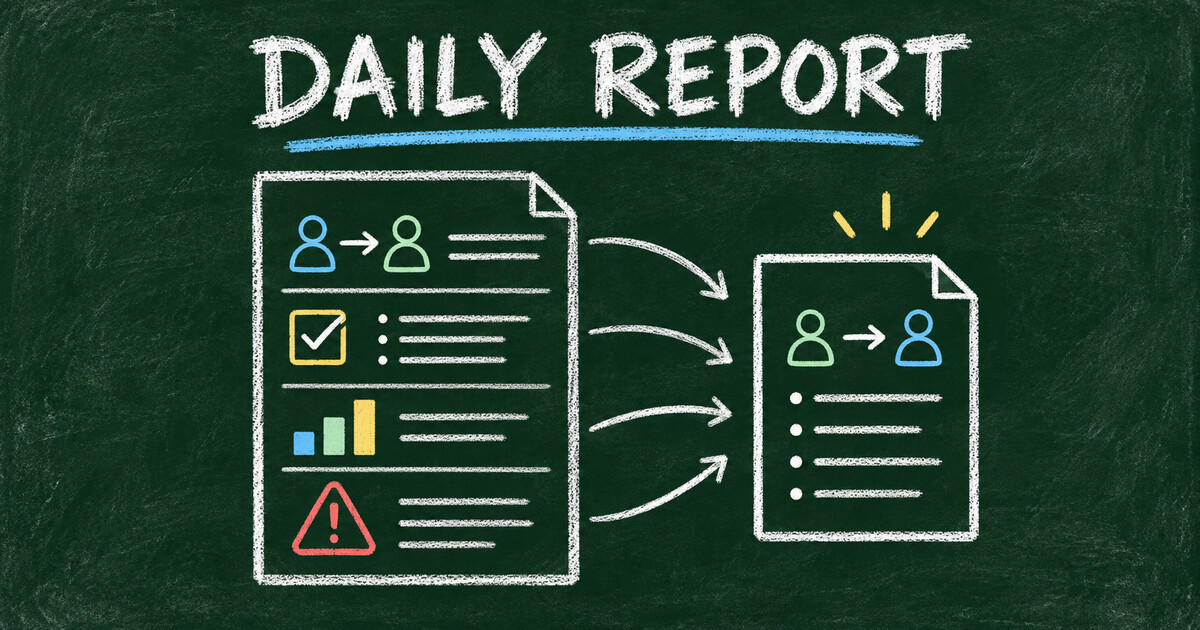 Chalkboard daily operations report with task status and a shift handoff — helping teams pass clear updates to the next person