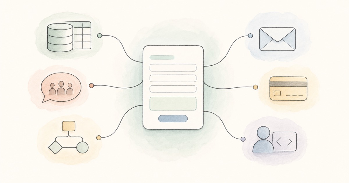A central form card connecting to a few essential workflow paths for records, alerts, automation, email, payments, and agents