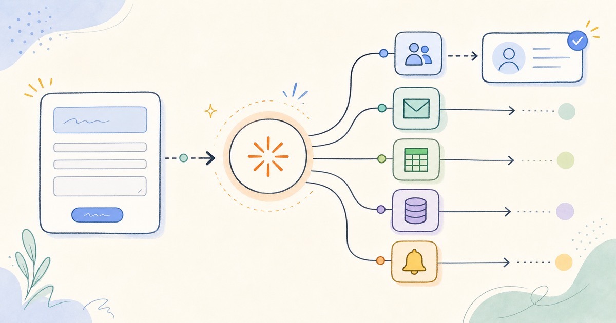 Form submission automation hub branching into CRM, email, spreadsheet, database, and team alert workflows