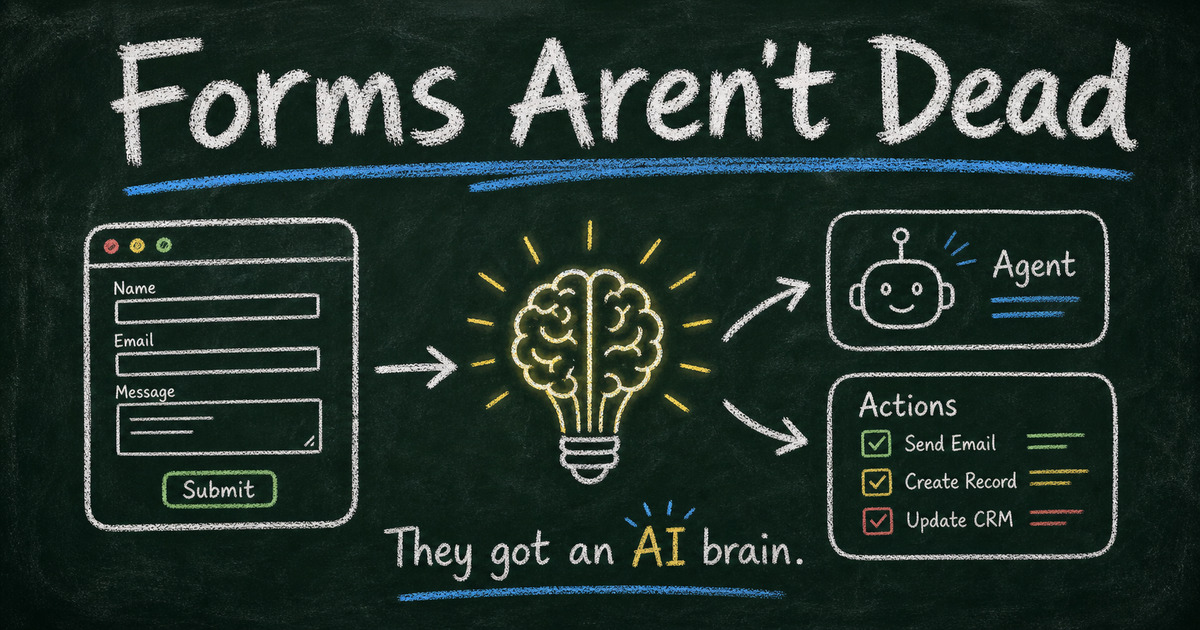 Chalkboard diagram showing a traditional form connected to an AI brain, agent, and follow-up actions