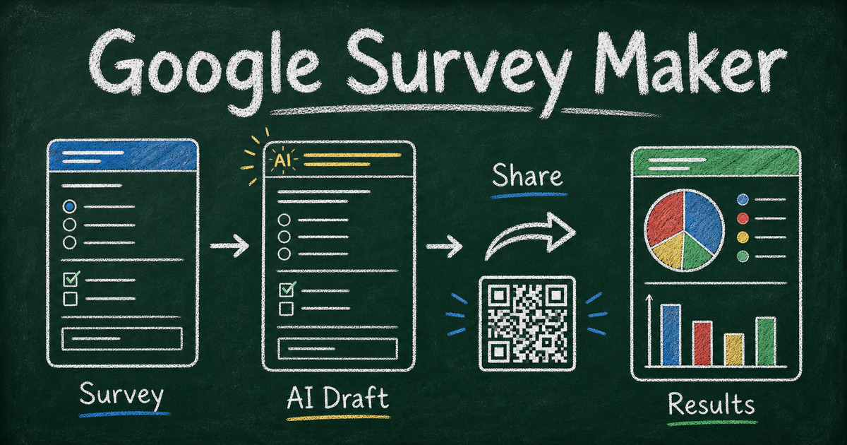 Chalkboard workflow comparing a Google survey form, AI survey draft, share link, QR code, and response chart