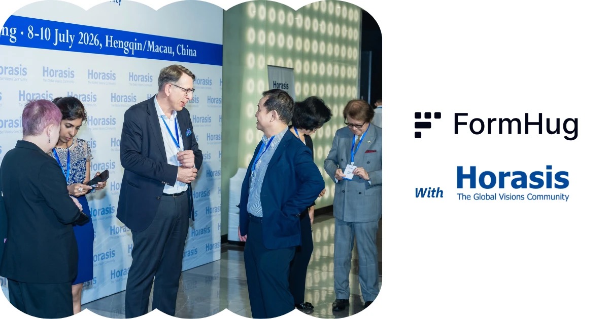 FormHug with Horasis — delegates networking in front of the Horasis Asia Meeting 2026 backdrop in Hengqin/Macau, China