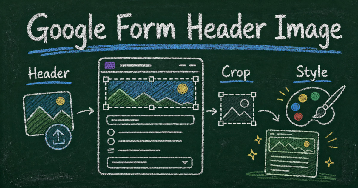 Chalkboard form header image workflow showing a banner upload, crop frame, color palette, and polished form preview