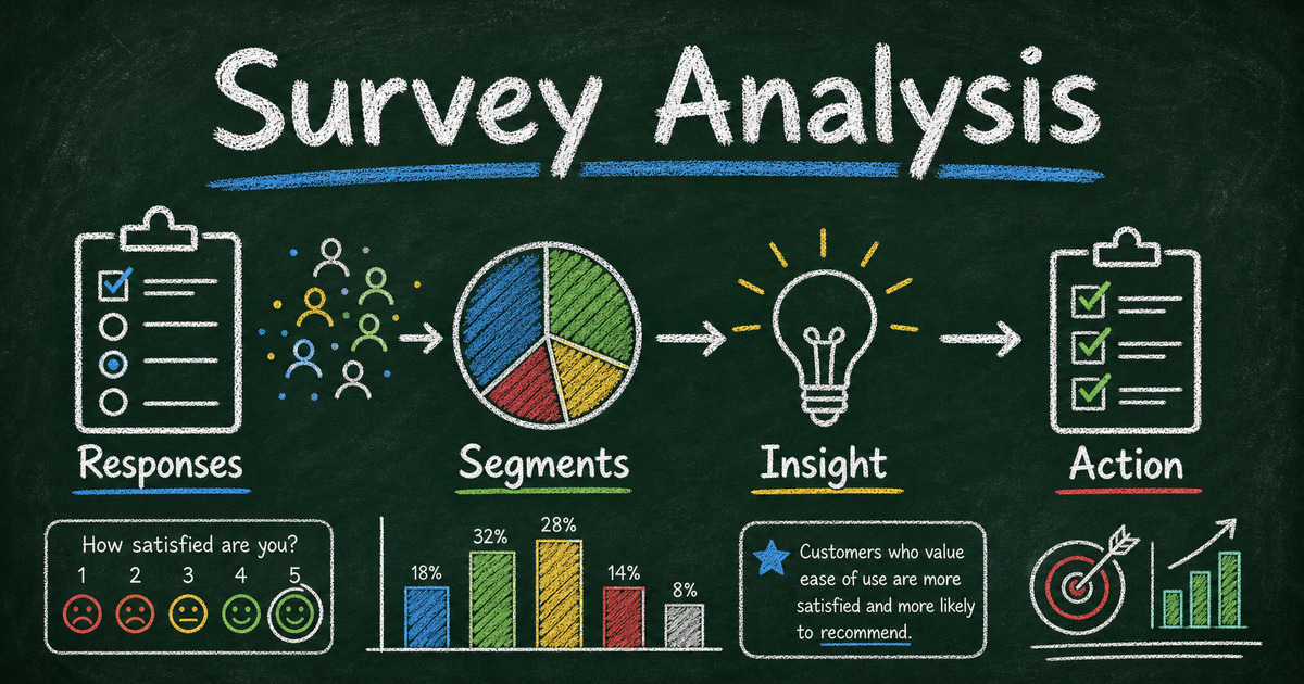 Chalkboard survey analysis workflow showing responses grouped into segments, charts, insights, and action steps