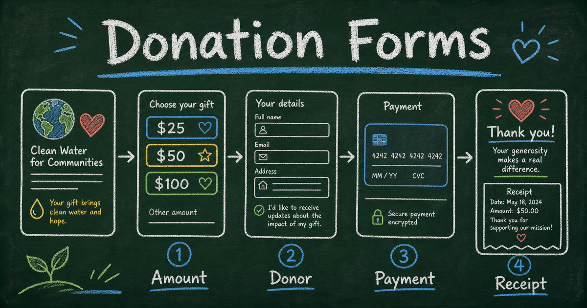 Chalkboard donation form workflow showing suggested amounts, donor details, Stripe payment, receipt, and nonprofit follow-up