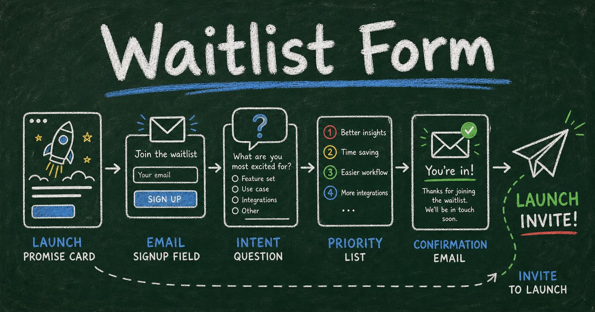 Chalkboard waitlist form workflow showing email capture, priority score, confirmation, and launch invite