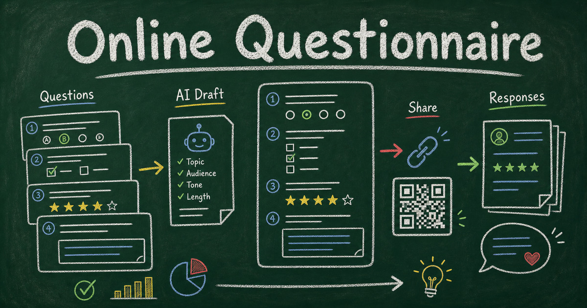 Chalkboard online questionnaire workflow showing question cards, AI draft, share link, QR code, and response notes