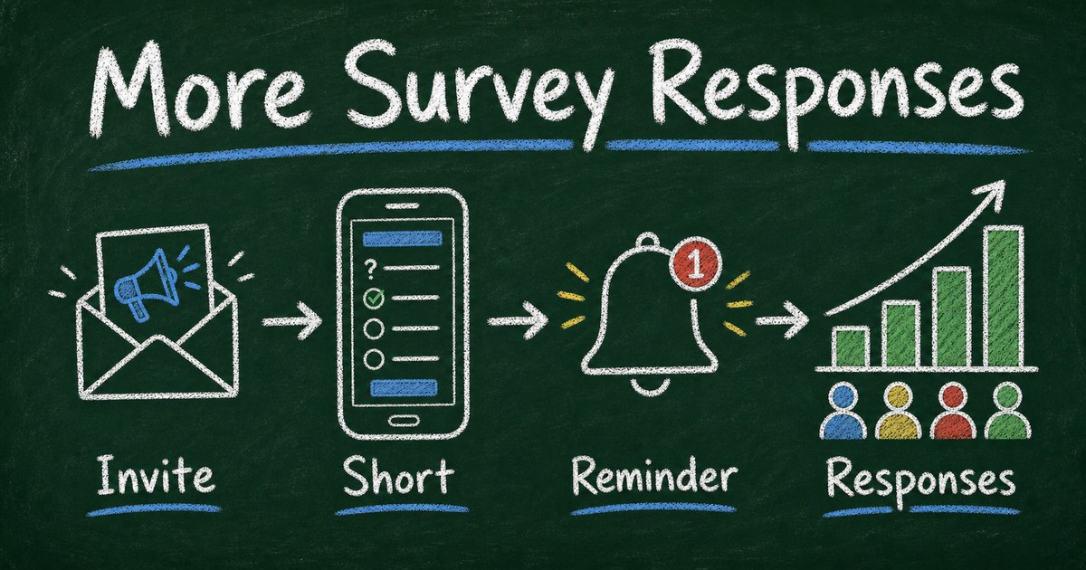 Chalkboard survey response workflow showing invitation, short questions, reminder, and response chart