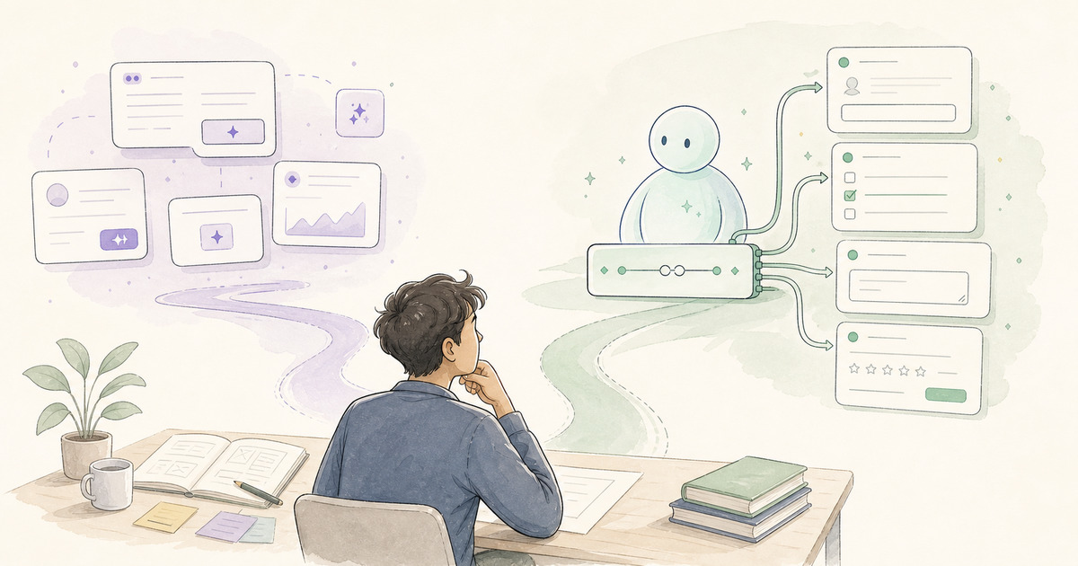 Soft editorial illustration of an AI agent using a form builder through an MCP tool interface