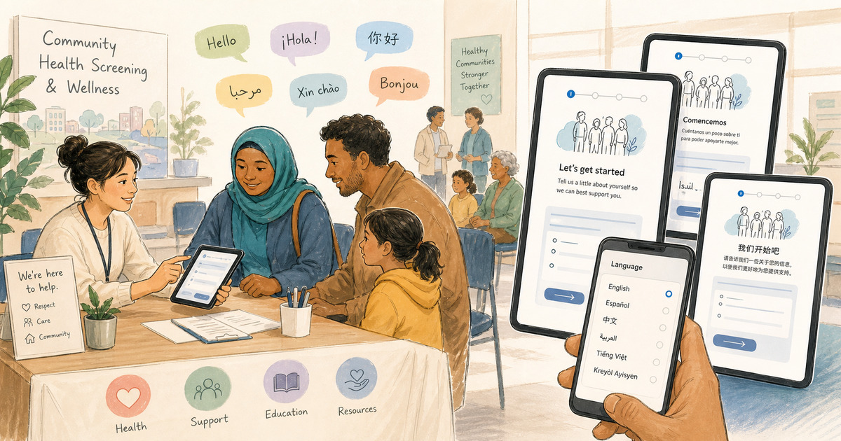 Community health screening desk with families using multilingual forms on phones and tablets