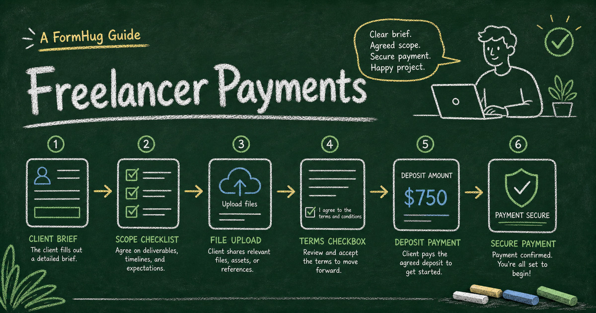 Chalkboard freelancer payment workflow showing client brief, project scope, deposit amount, contract checkbox, and Stripe payment