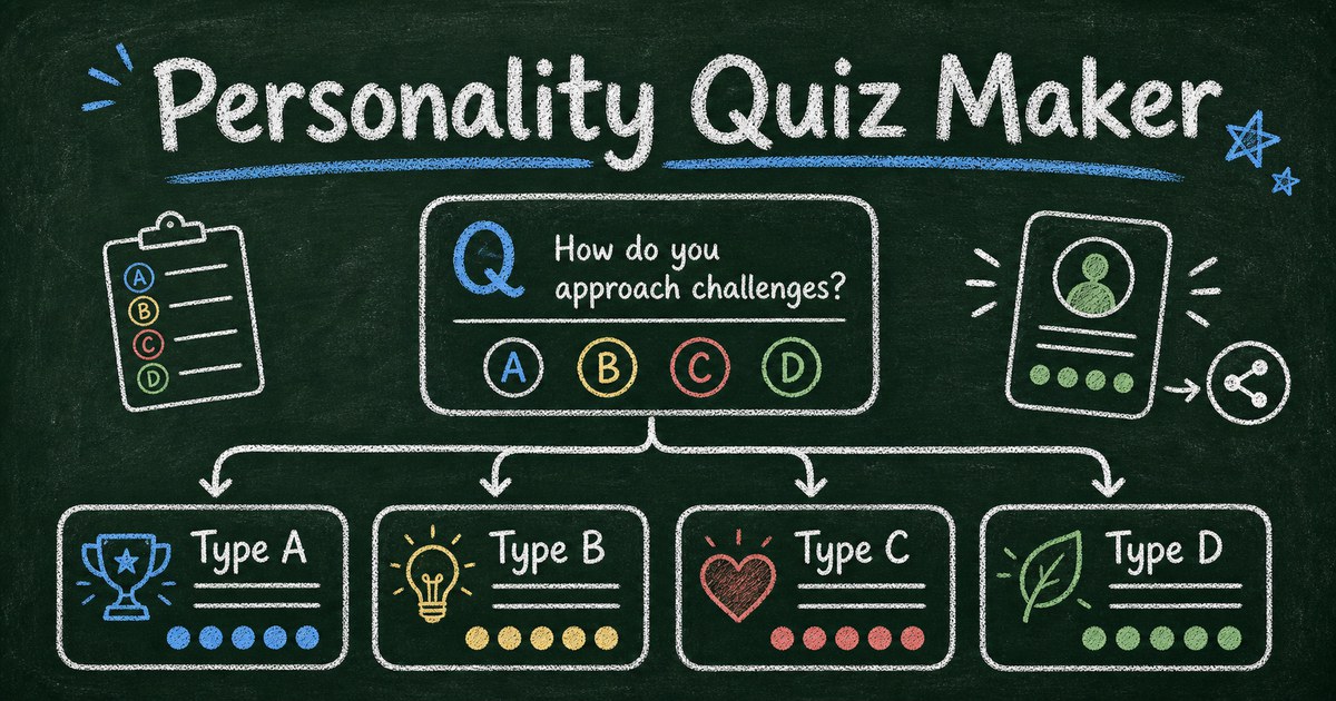 Chalkboard personality quiz diagram with answer cards branching into four result types