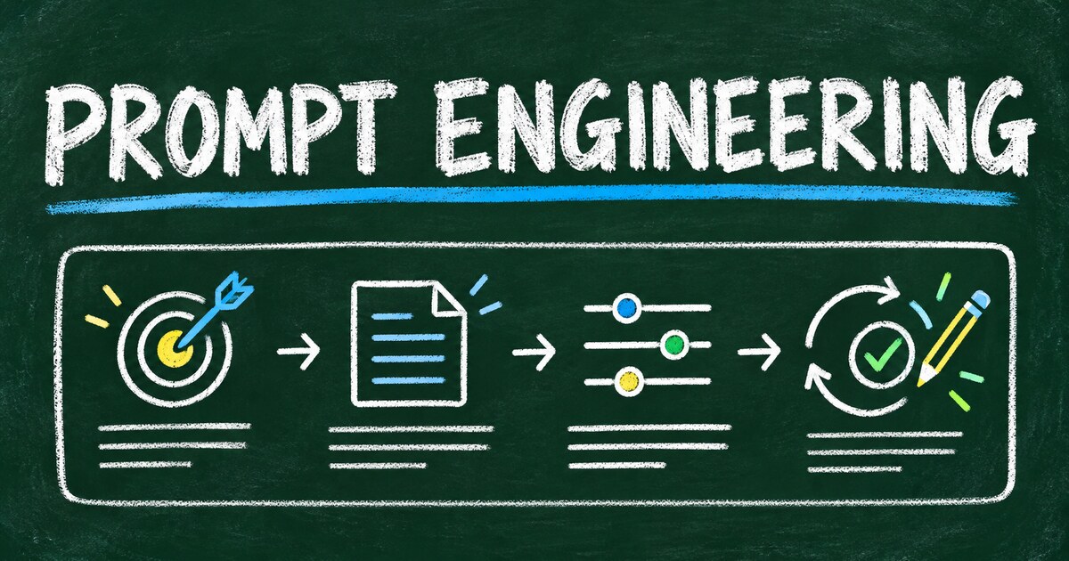 Chalkboard prompt card highlights a goal, context, constraints, and a review loop — helping teams assess practical prompt engineering skills