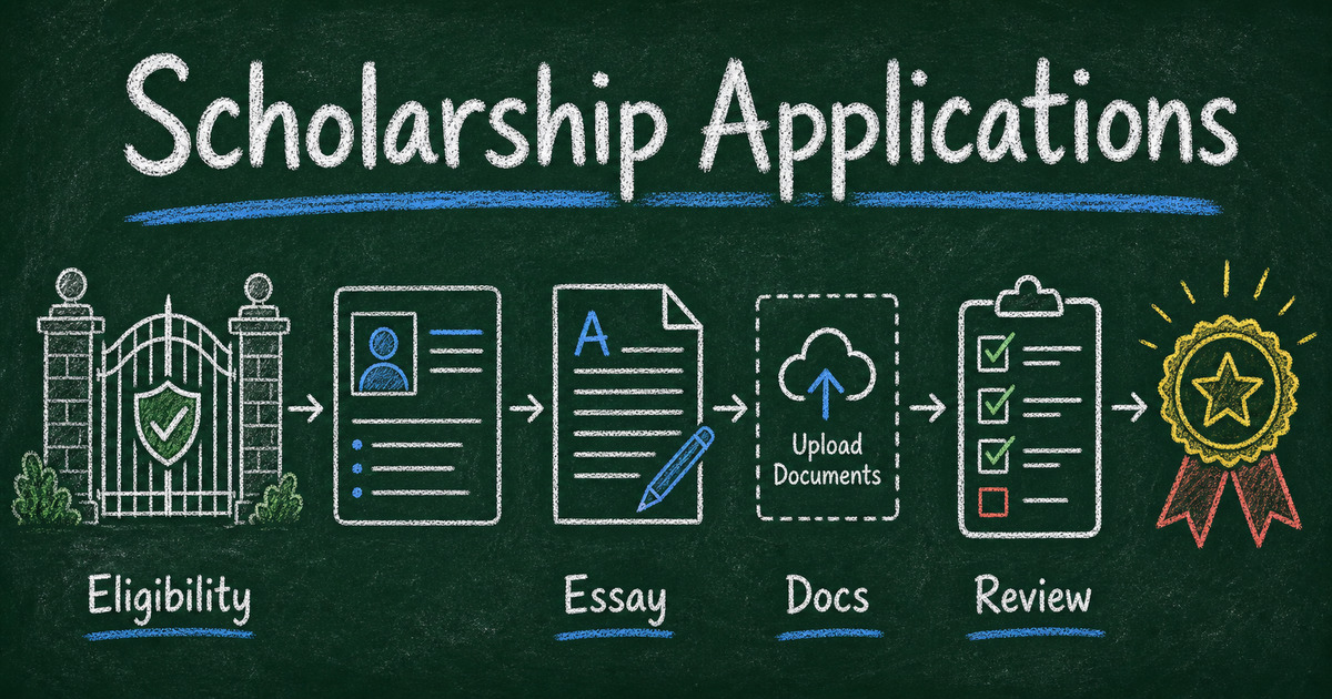 Chalkboard scholarship application workflow showing eligibility, applicant details, essay response, documents, and review decision