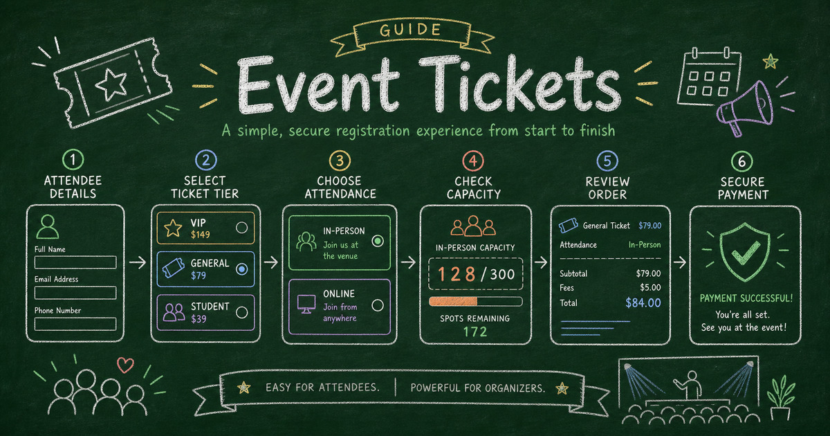 Chalkboard event ticket registration workflow showing attendee details, ticket tiers, capacity, and Stripe payment