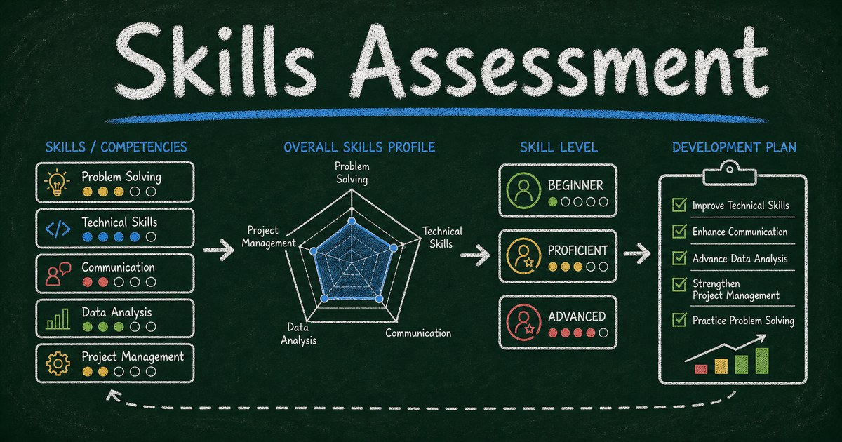 Chalkboard skills assessment workflow showing competency dimensions, score cards, and a radar chart report