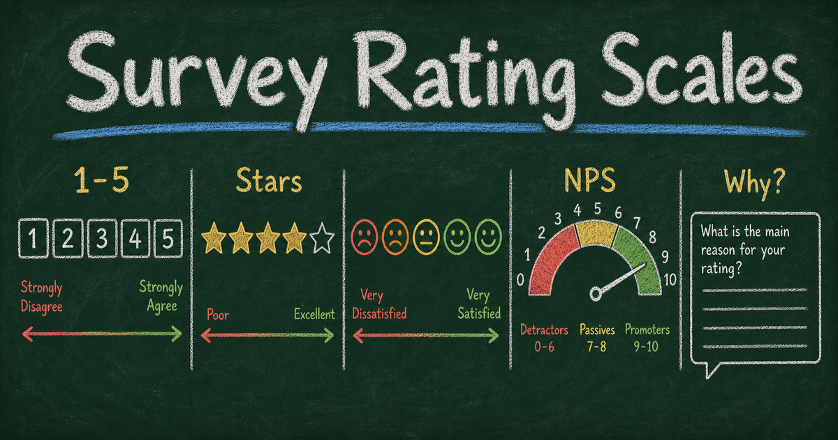 Chalkboard survey rating scale comparison with 1 to 5 scale, stars, smiley faces, NPS, and follow-up comments