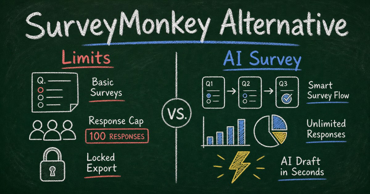 Chalkboard comparison diagram showing SurveyMonkey limits beside a faster AI survey workflow
