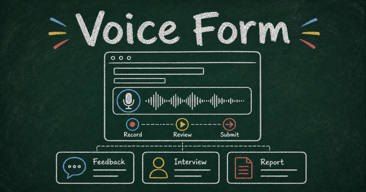 Chalkboard voice form workflow with a microphone field, audio waveform, and record review submit steps