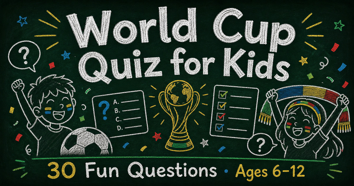 Playful World Cup quiz for kids cover with a smiling soccer ball, gold trophy, and confetti on a green pitch