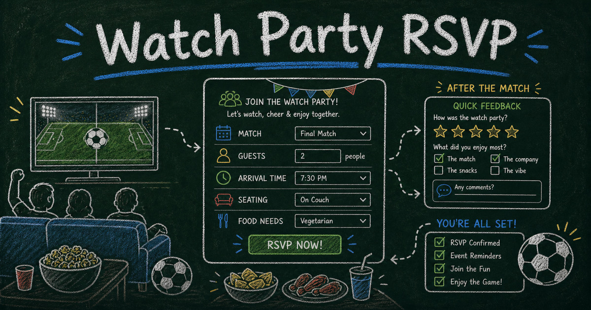 Chalkboard watch party registration form with RSVP fields, guest count, seating, food preferences, and feedback follow-up