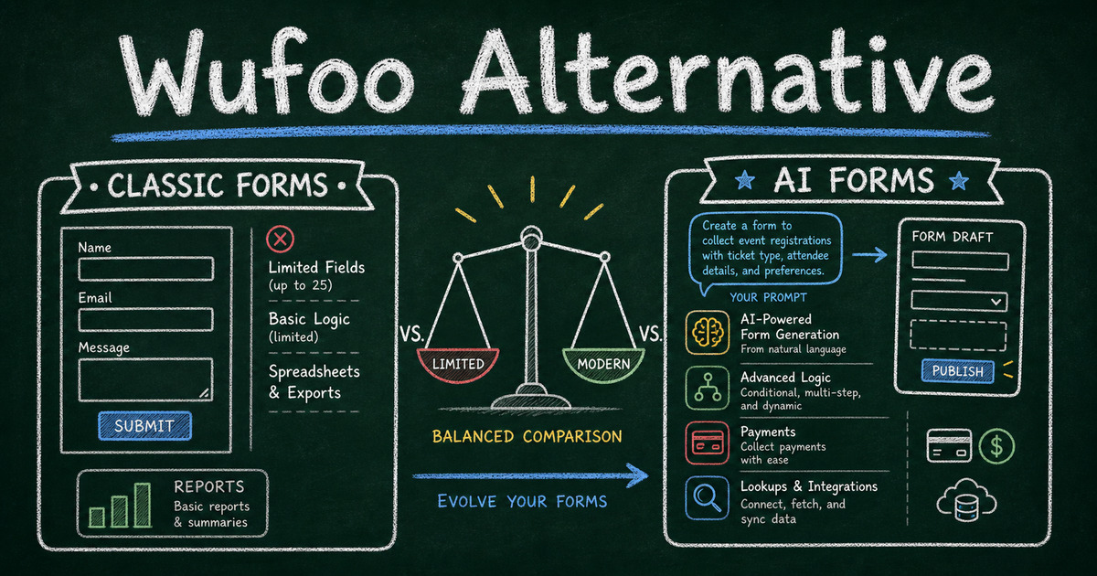 Chalkboard comparison diagram showing Wufoo form limits beside a modern AI form workflow with payments and reports
