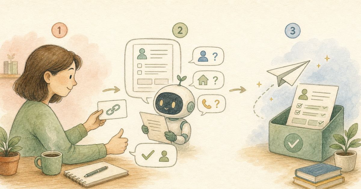 Hand-drawn illustration of a user handing a form link to an AI agent, confirming missing details, and submitting a completed form