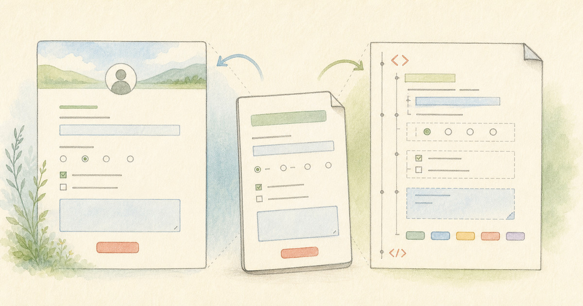 Hand-drawn illustration of one form unfolding into a human-facing page and an agent-readable structured view
