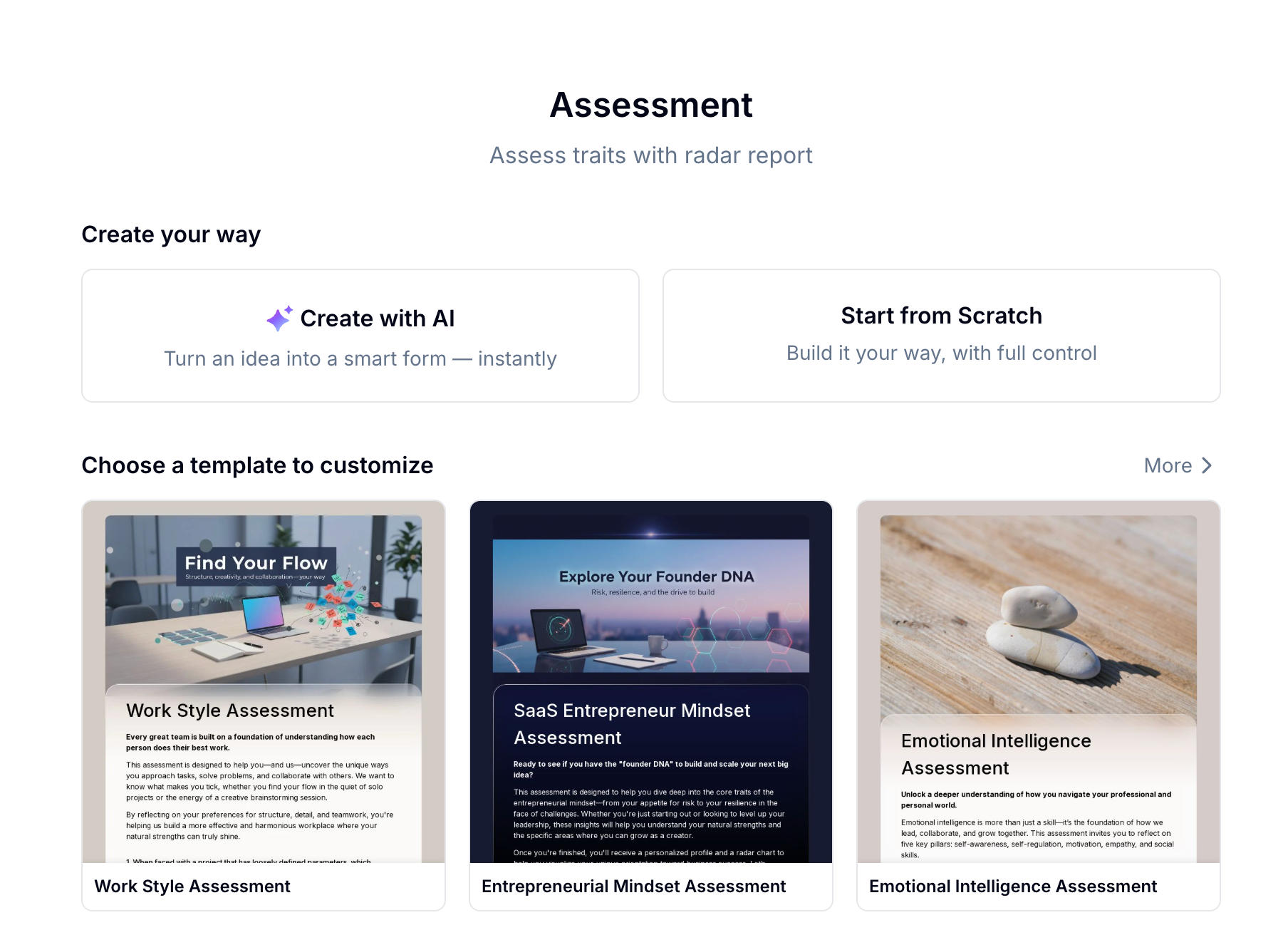 FormHug assessment creation screen — choose between AI generation, a ready-made assessment template, or building from scratch