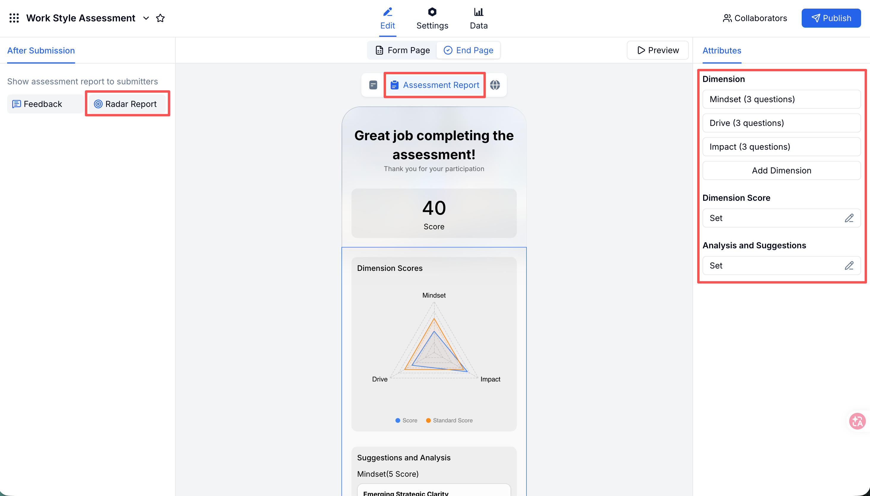 FormHug Assessment Settings showing dimension configuration — named trait axes like Drive, Mindset, and Collaboration that form the radar chart