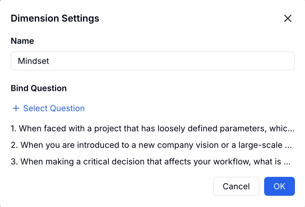 FormHug assessment question editor — binding questions to dimensions so each response contributes to the correct trait score on the radar chart