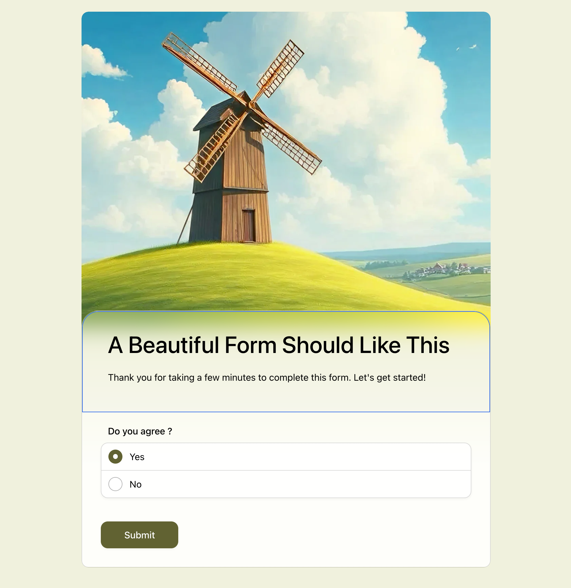 FormHug classic form with a windmill header image and matching green form colors