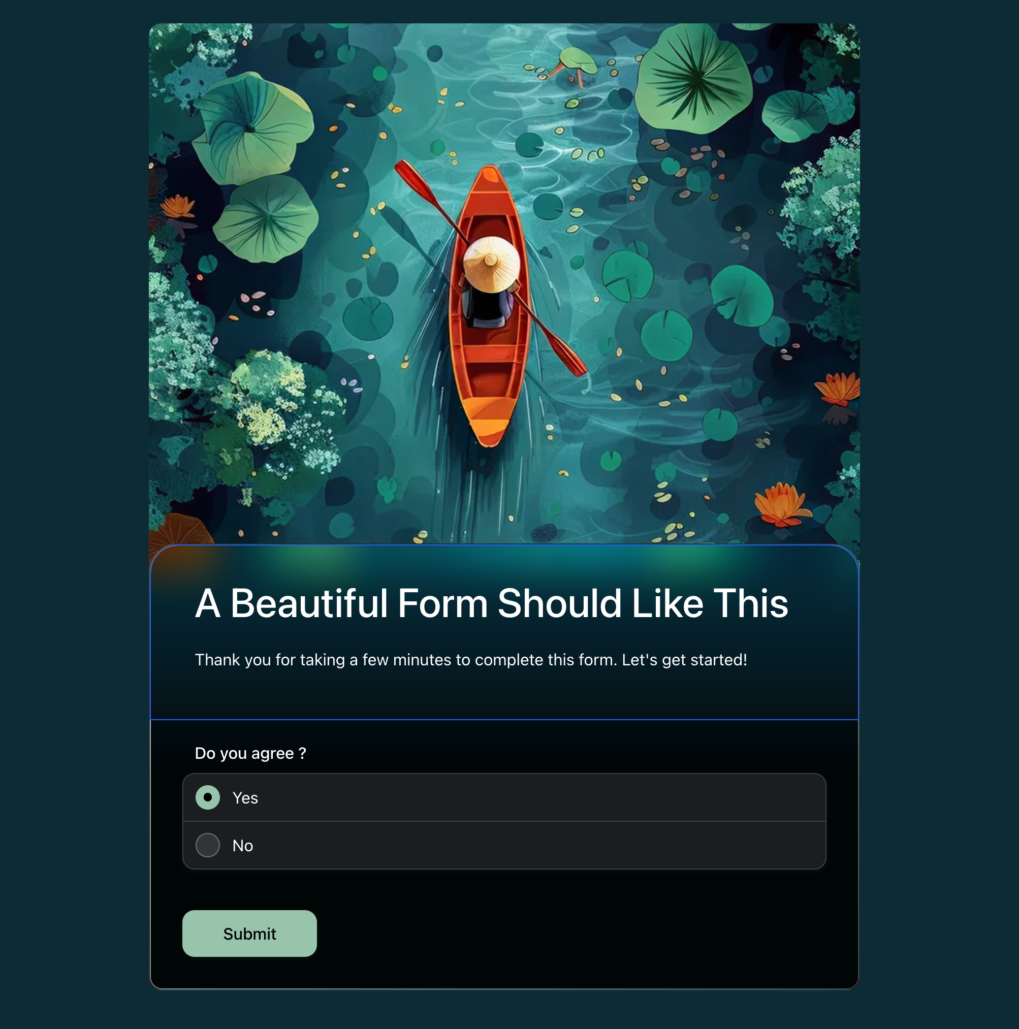 FormHug dark themed beautiful form with a canoe header image and matching teal color palette
