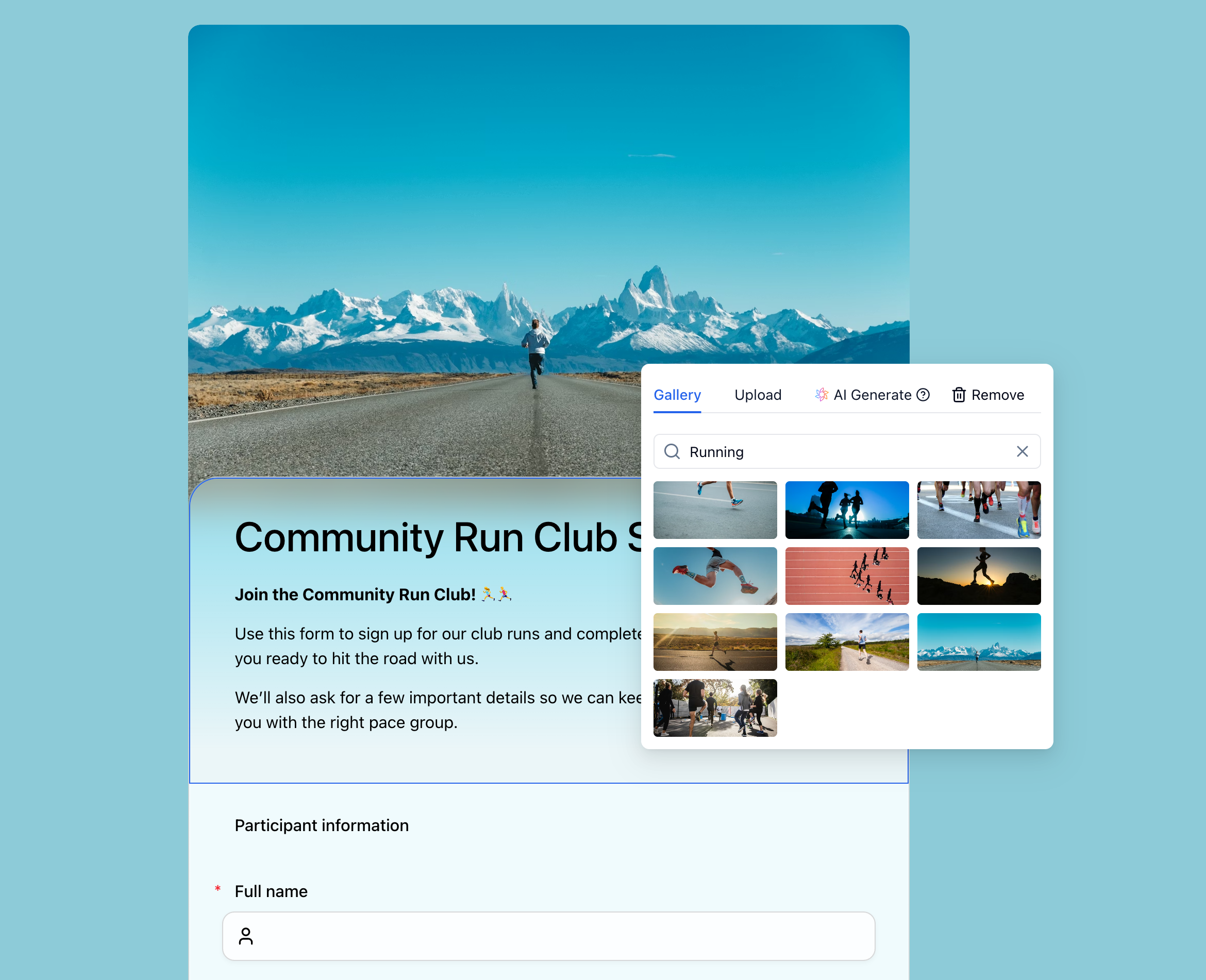 FormHug image picker showing gallery results for a running form while the page color adapts to a cool blue header image