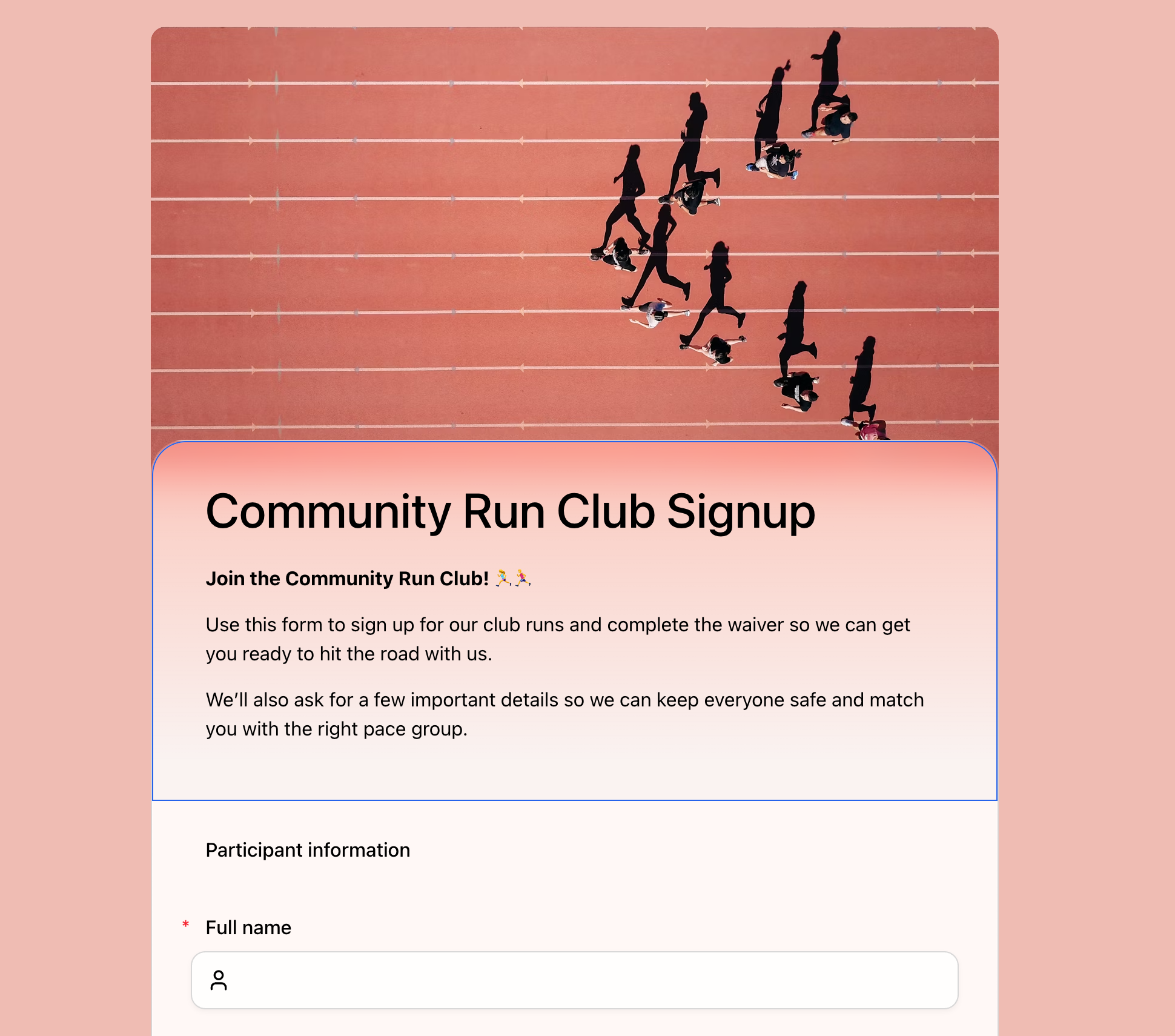 Community run club signup form using a classic one-page layout with a warm running-track header image