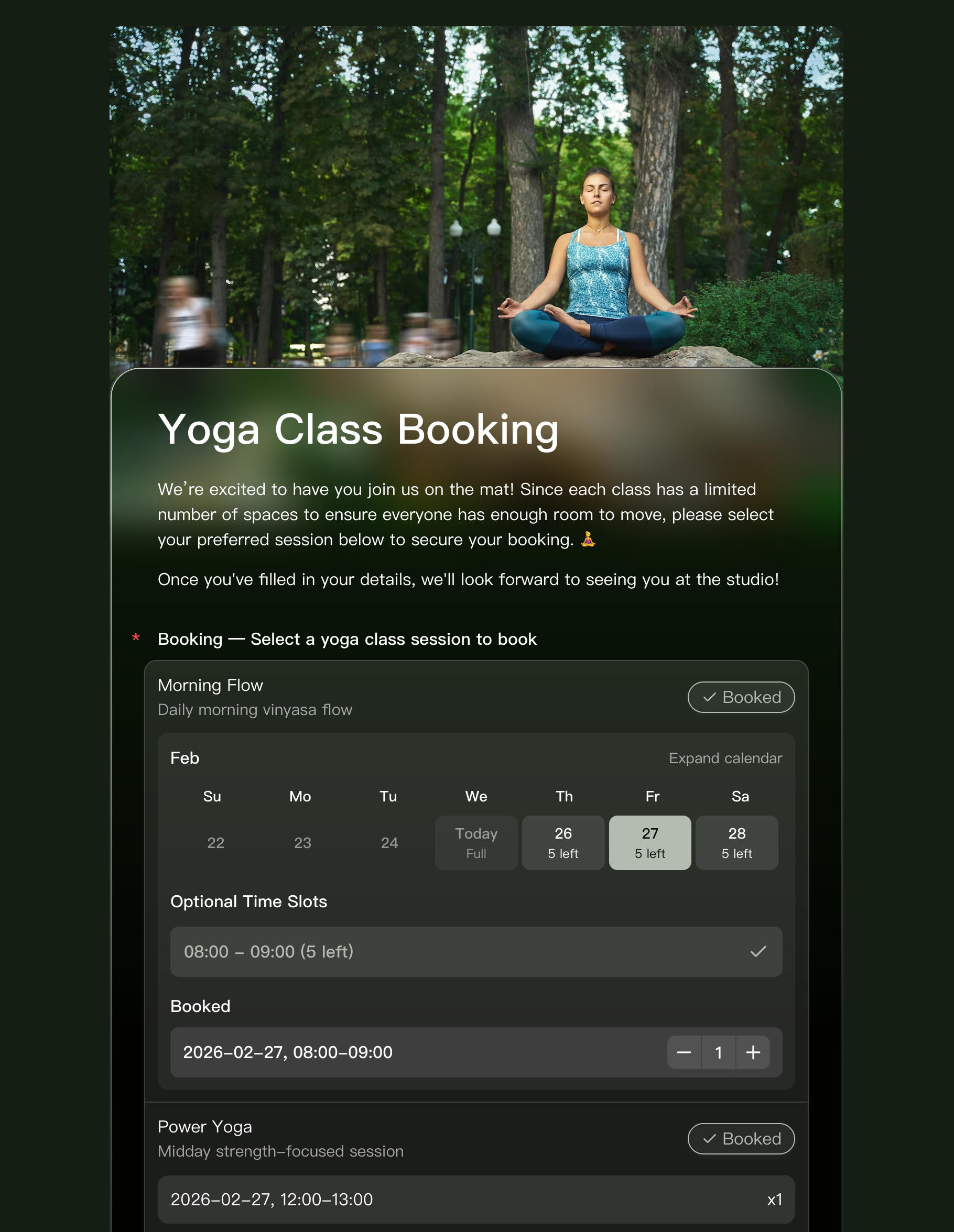 FormHug booking calendar showing available time slots with remaining capacity — "5 left" and "Full" indicators visible to participants