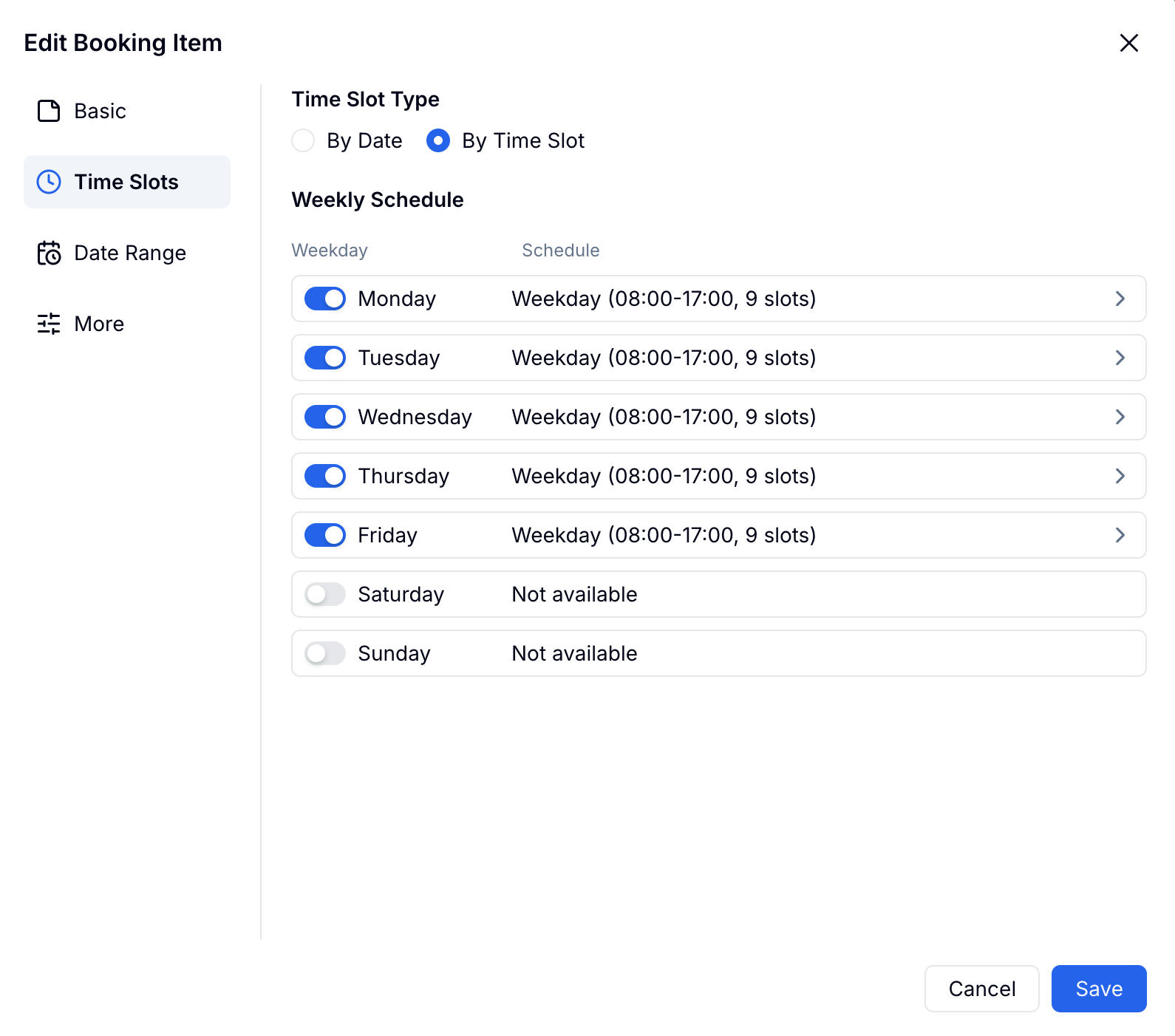 FormHug booking item configuration — Basic, Time Slots, and Date Range tabs for setting up a service's schedule and availability