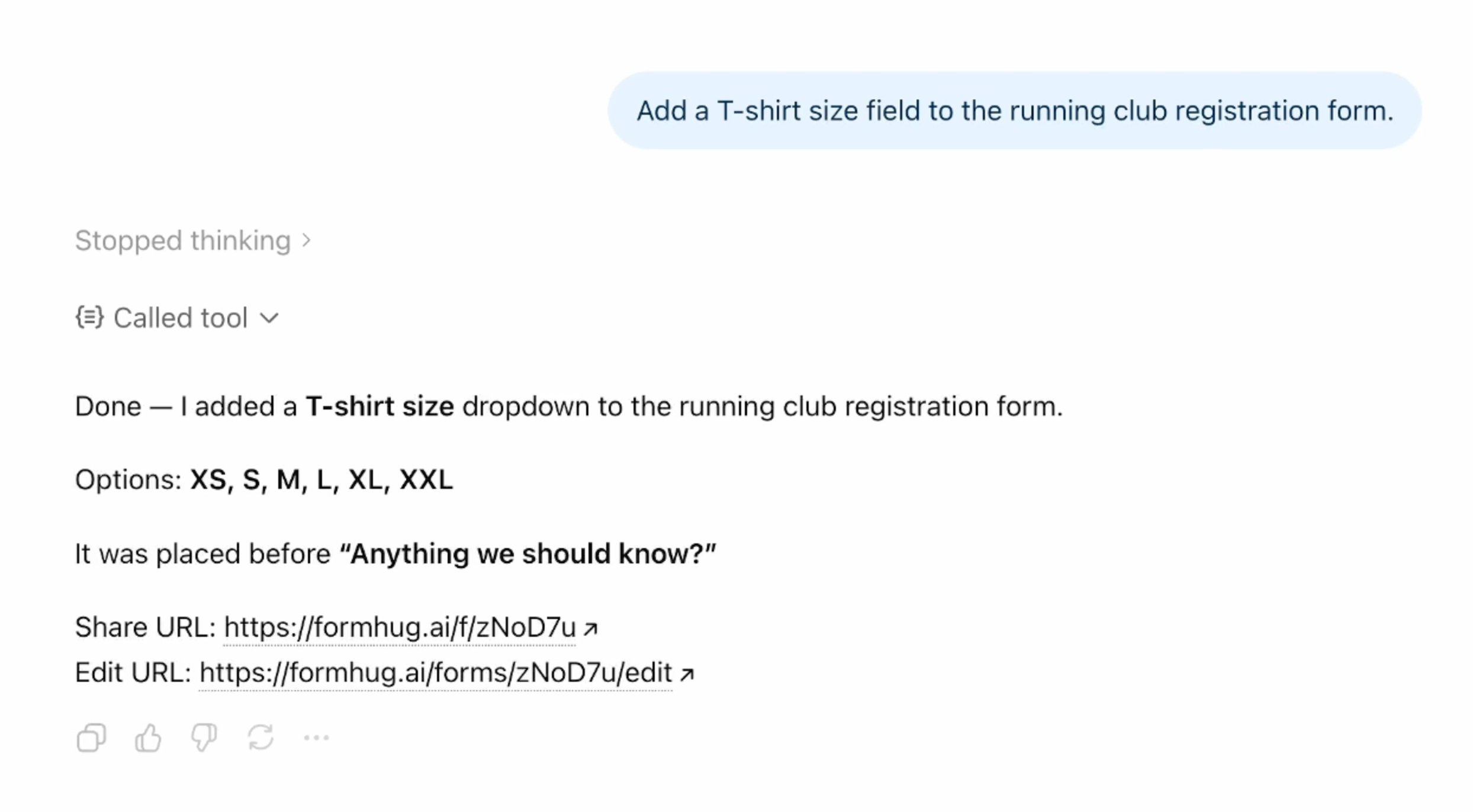 ChatGPT using FormHug to add a T-shirt size dropdown to an existing running club registration form