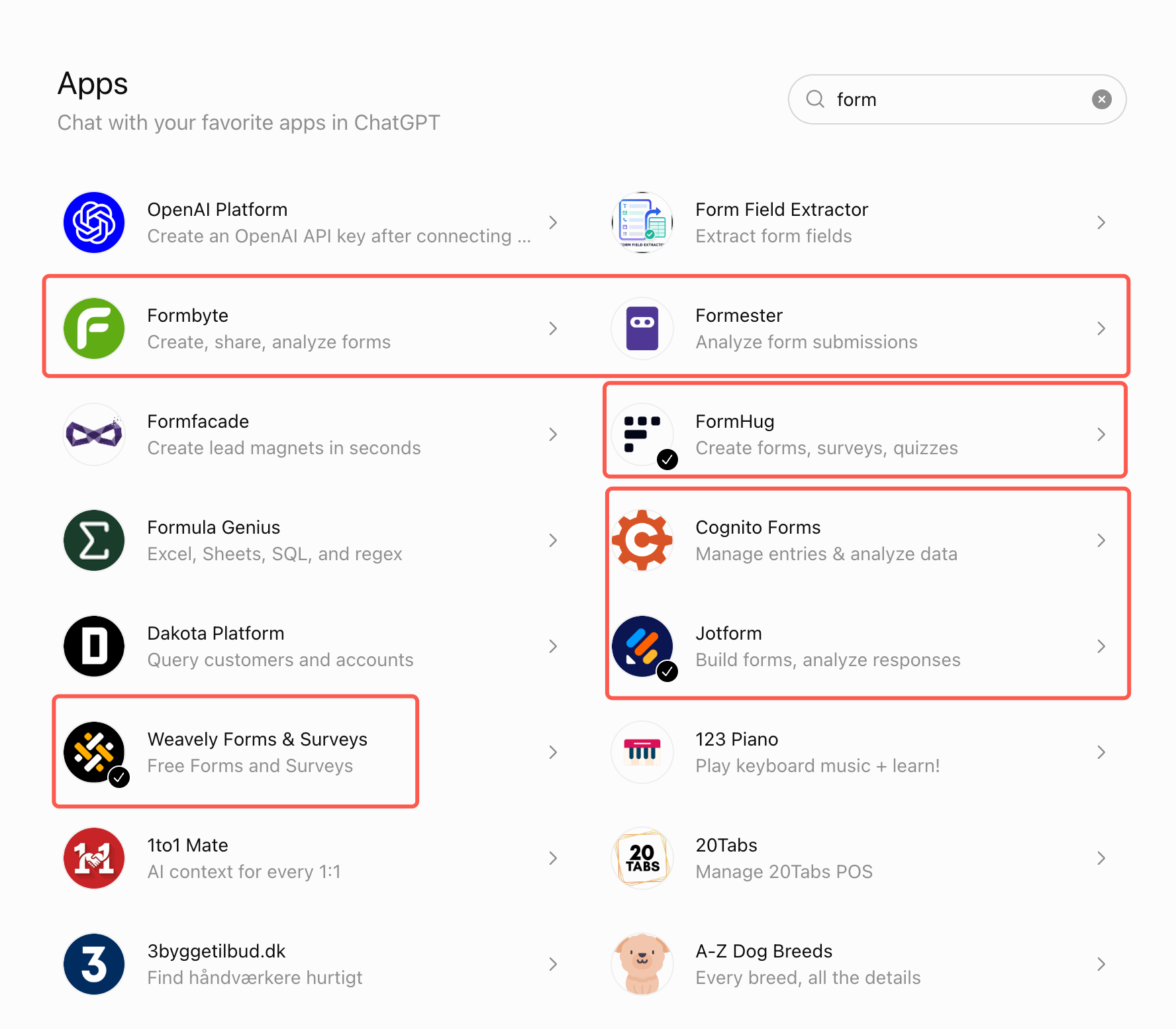 ChatGPT Apps search results for form — FormHug, Jotform, Weavely, Formbyte, Formester, and Cognito Forms highlighted